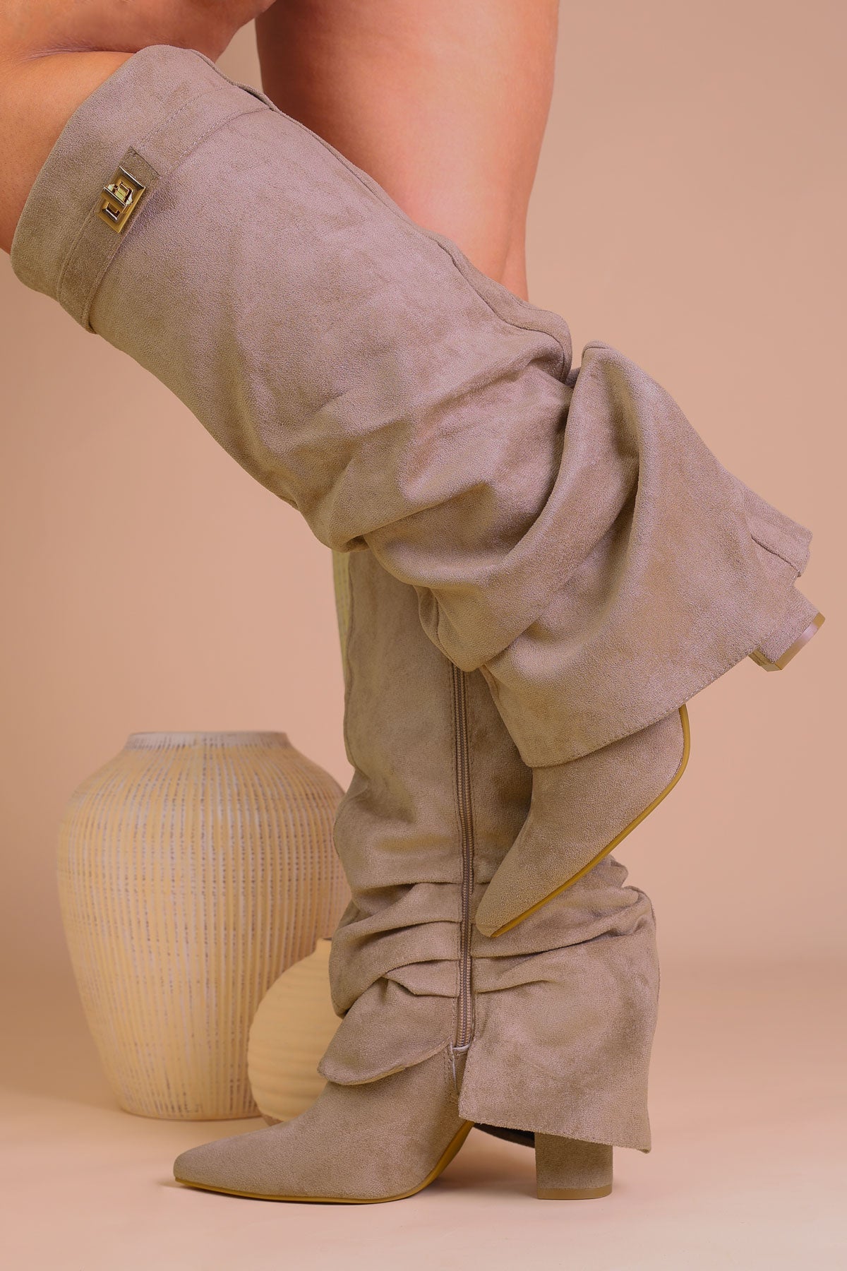 Taupe Faux Suede Slouchy Fold Over Shark Boots
