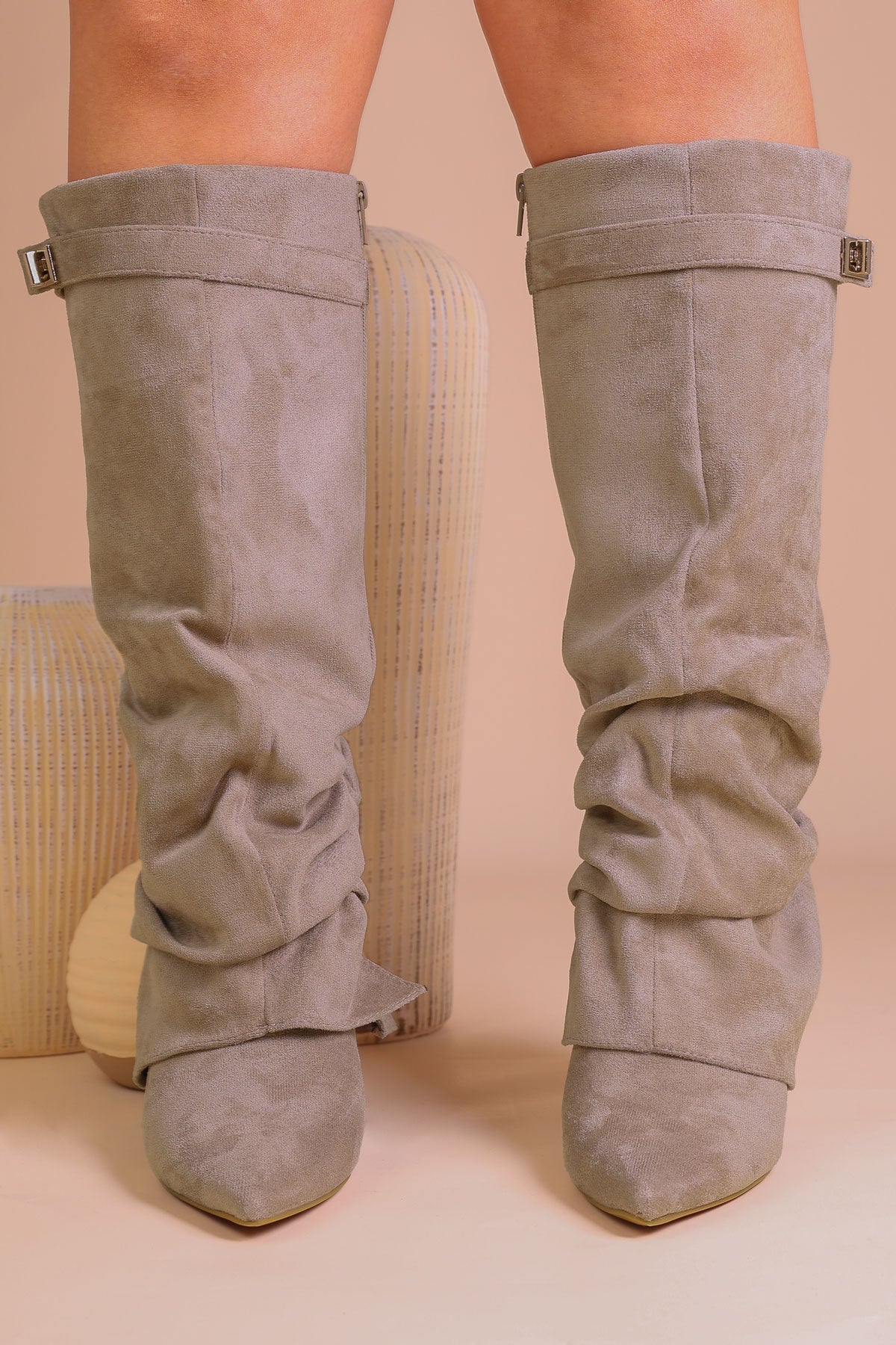 Taupe Faux Suede Slouchy Fold Over Shark Boots