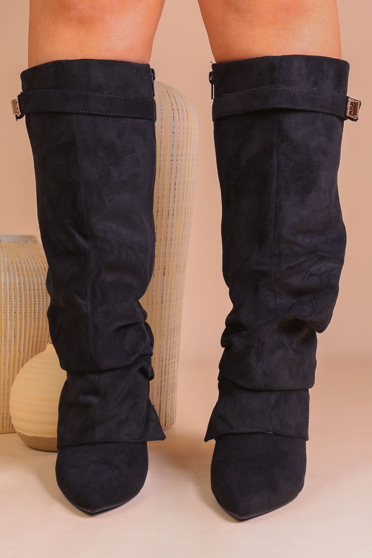 Black Faux Suede Slouchy Fold Over Shark Boots