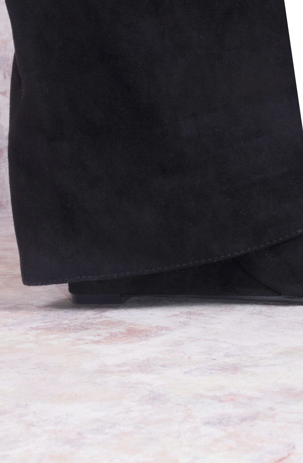 Black Faux Suede Fold Over Shark Classic Wedge Heel Buckle Knee High Boot